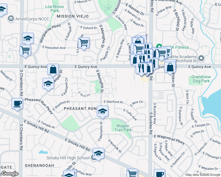 map of restaurants, bars, coffee shops, grocery stores, and more near 16355 East Rice Place in Aurora
