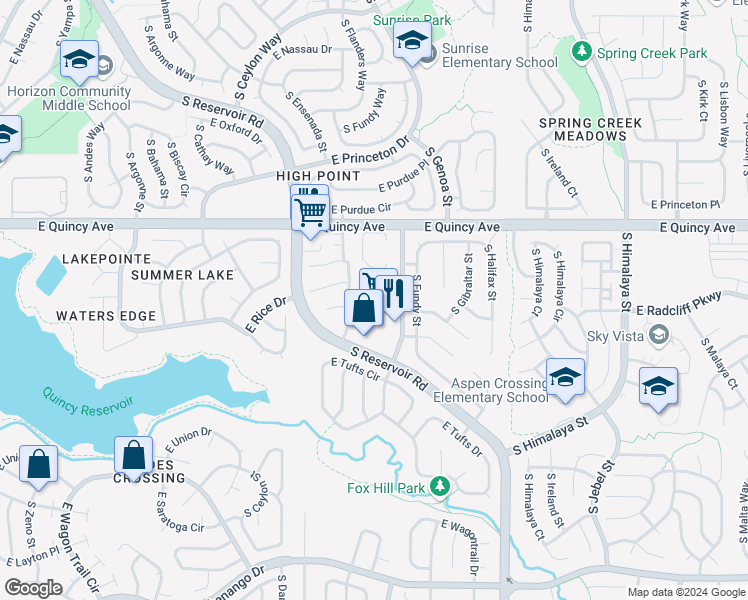 map of restaurants, bars, coffee shops, grocery stores, and more near 19530 East Sunset Circle in Aurora