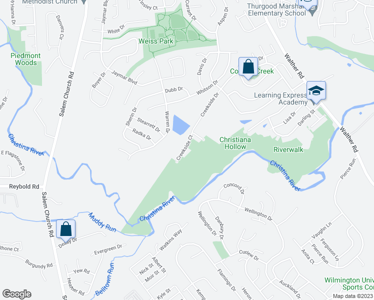map of restaurants, bars, coffee shops, grocery stores, and more near 141 Creekside Court in Newark