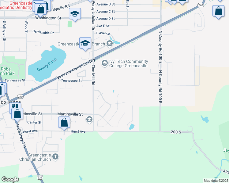 map of restaurants, bars, coffee shops, grocery stores, and more near 98 Briarwood Court in Greencastle