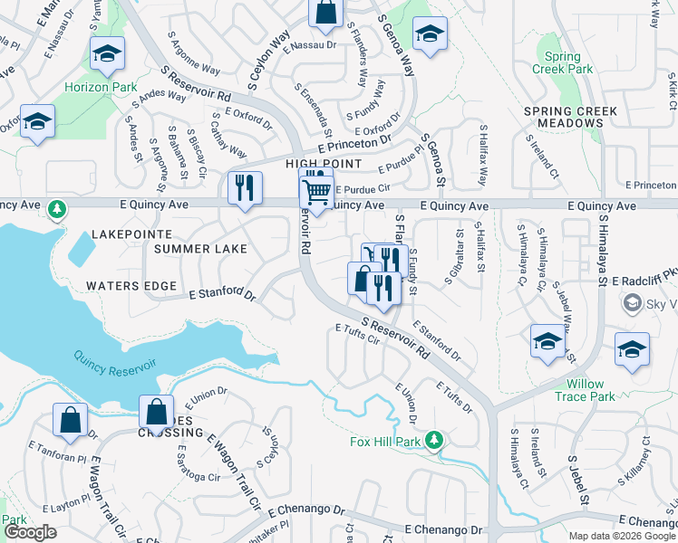 map of restaurants, bars, coffee shops, grocery stores, and more near 19405 East Stanford Avenue in Aurora