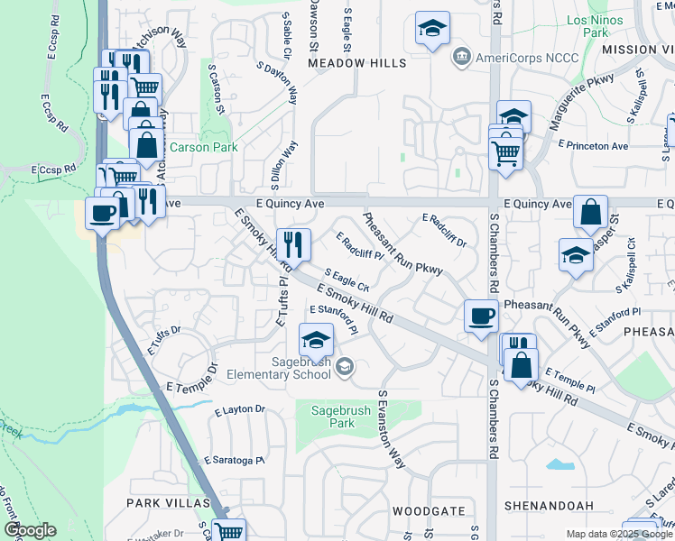 map of restaurants, bars, coffee shops, grocery stores, and more near 4446 South Eagle Circle in Aurora