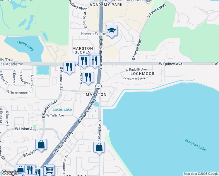 map of restaurants, bars, coffee shops, grocery stores, and more near 4490 South Wadsworth Boulevard in Denver