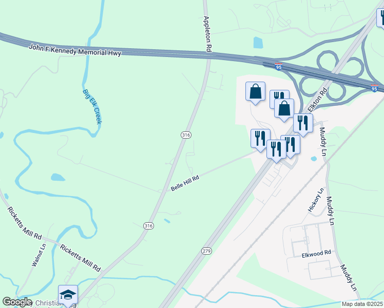 map of restaurants, bars, coffee shops, grocery stores, and more near 600 Clear Blossom Drive in Elkton