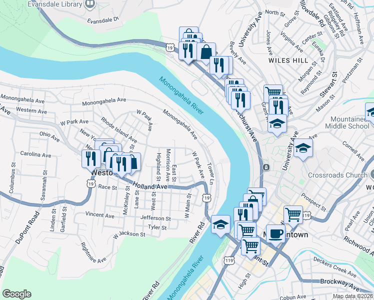 map of restaurants, bars, coffee shops, grocery stores, and more near 73 West Park Avenue in Westover