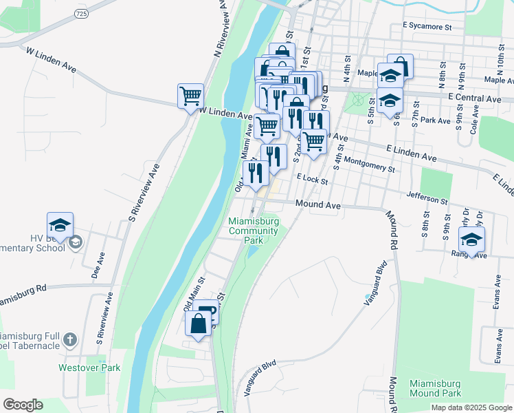 map of restaurants, bars, coffee shops, grocery stores, and more near 415 South Main Street in Miamisburg