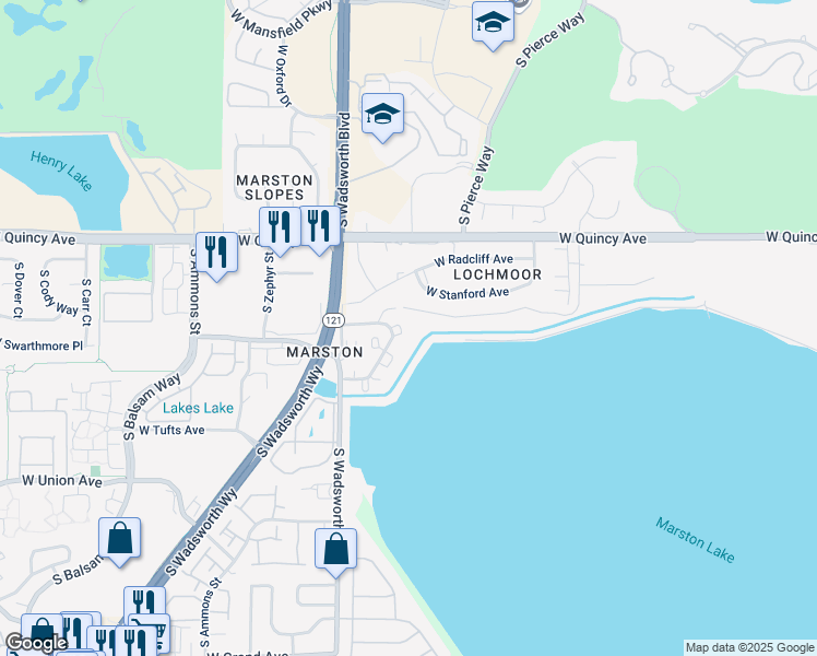 map of restaurants, bars, coffee shops, grocery stores, and more near 4760 South Wadsworth Boulevard in Littleton