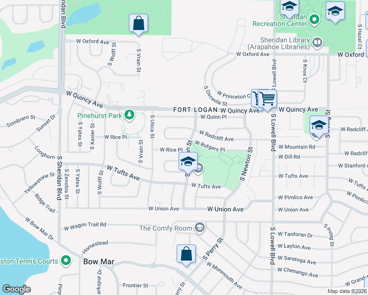 map of restaurants, bars, coffee shops, grocery stores, and more near 4101 West Rice Place in Denver