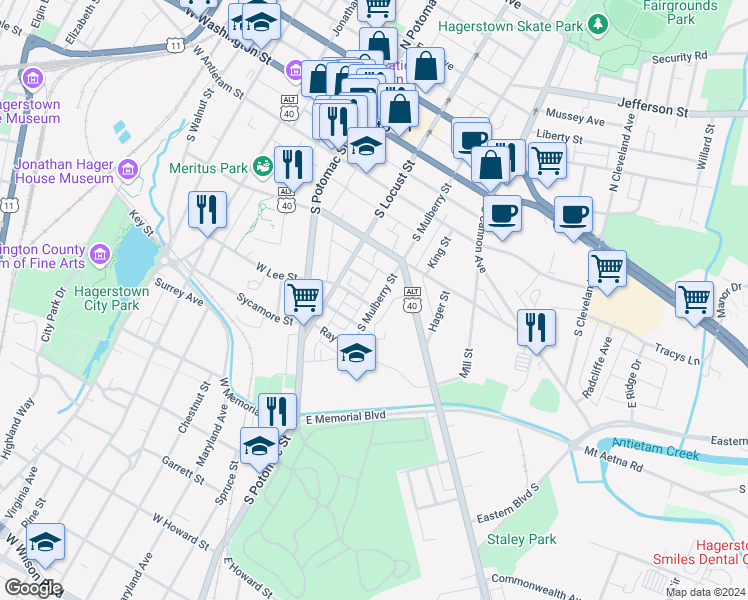 map of restaurants, bars, coffee shops, grocery stores, and more near 253 South Mulberry Street in Hagerstown