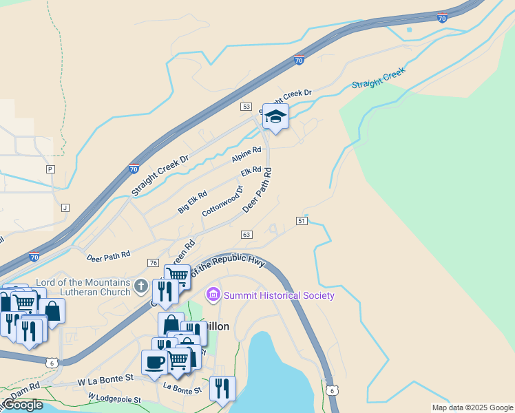 map of restaurants, bars, coffee shops, grocery stores, and more near 318 Deer Path Road in Dillon