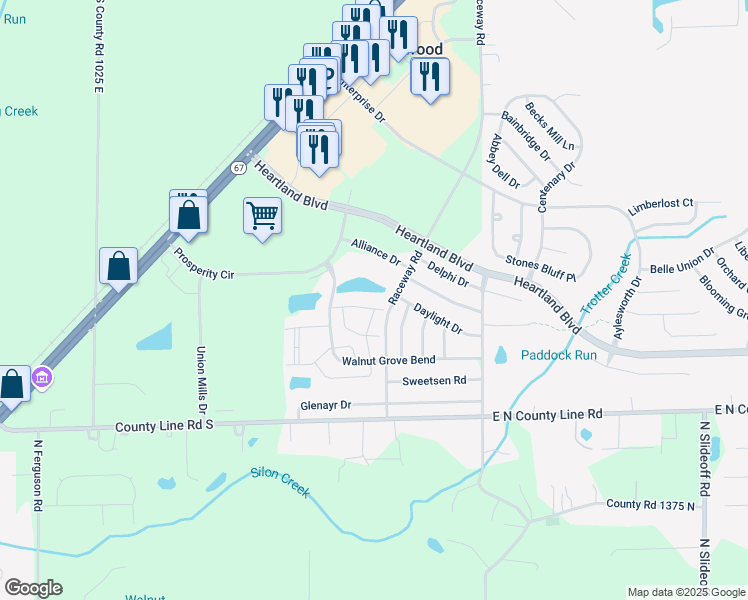 map of restaurants, bars, coffee shops, grocery stores, and more near 10770 Camden Drive in Hendricks County