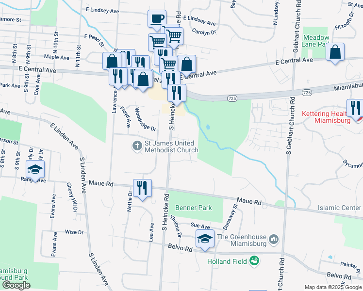 map of restaurants, bars, coffee shops, grocery stores, and more near 3468 Commons Drive in Miamisburg