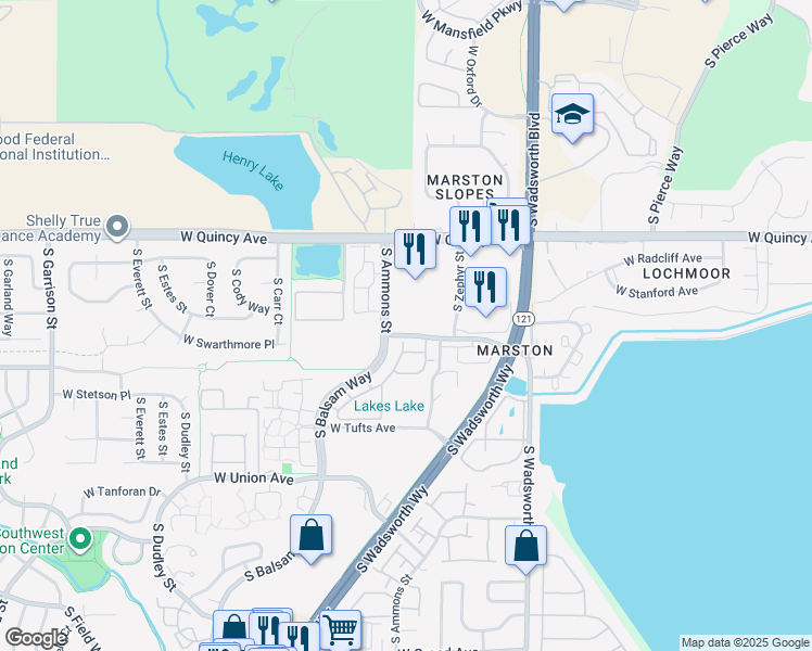 map of restaurants, bars, coffee shops, grocery stores, and more near 8137 West Stanford Avenue in Denver