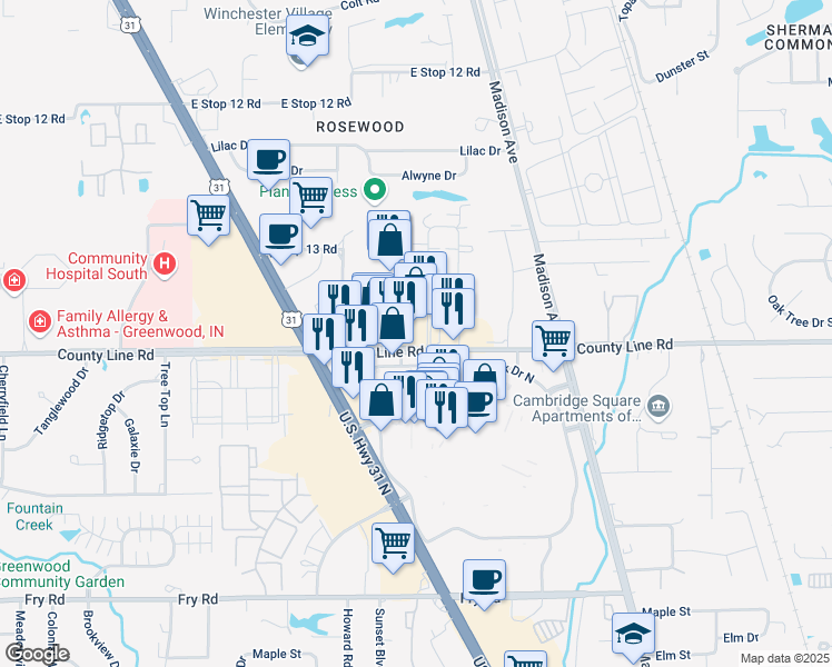 map of restaurants, bars, coffee shops, grocery stores, and more near 8948 Saint Peter Street in Indianapolis