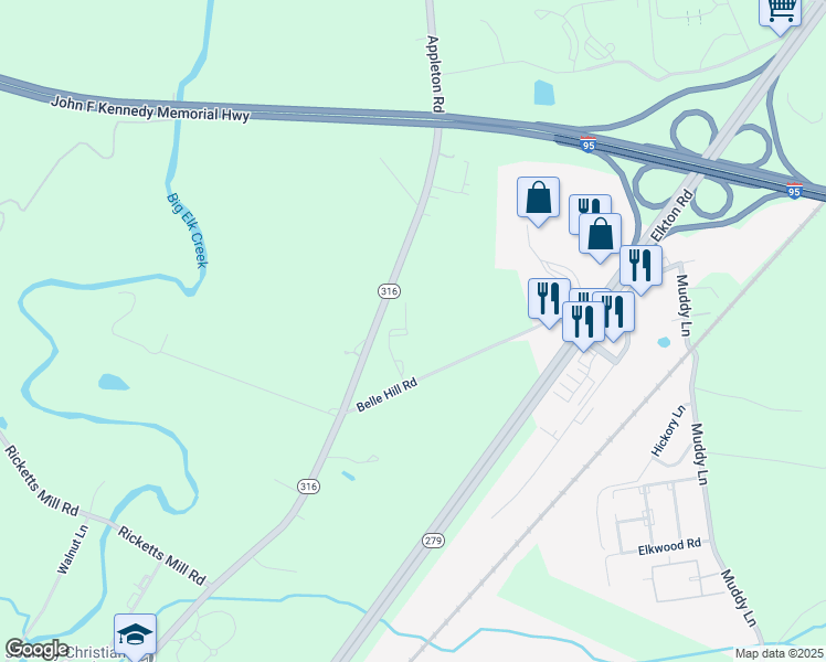 map of restaurants, bars, coffee shops, grocery stores, and more near 600 Clear Blossom Drive in Elkton