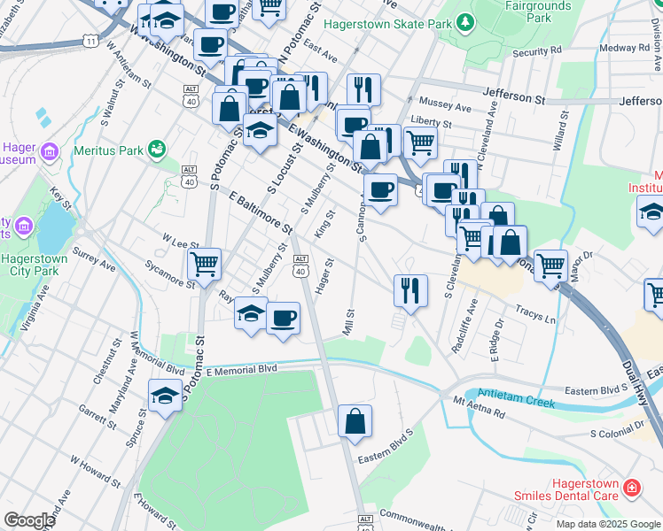 map of restaurants, bars, coffee shops, grocery stores, and more near 208 Hager Street in Hagerstown