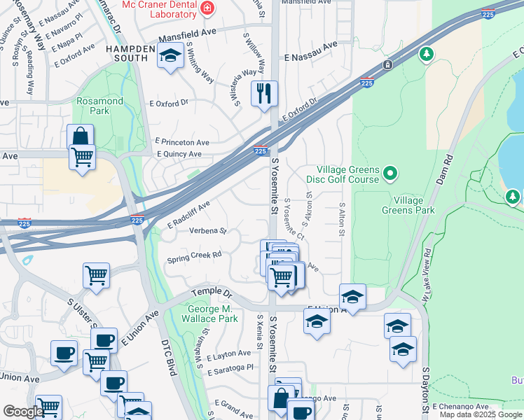 map of restaurants, bars, coffee shops, grocery stores, and more near 4481 South Xeric Way in Denver