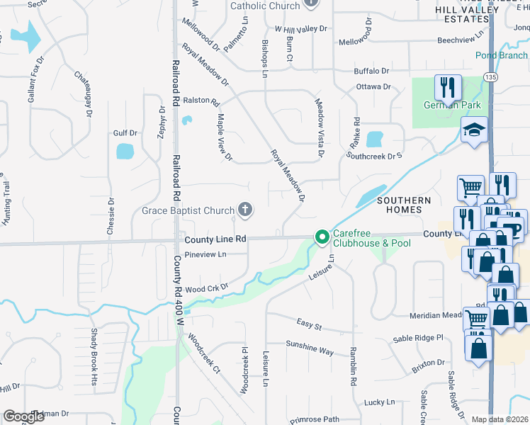 map of restaurants, bars, coffee shops, grocery stores, and more near 8838 Meadowridge Lane in Indianapolis