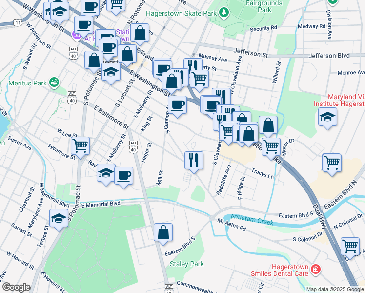 map of restaurants, bars, coffee shops, grocery stores, and more near 356 South Cannon Avenue in Hagerstown