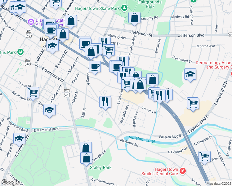 map of restaurants, bars, coffee shops, grocery stores, and more near 201 South Cleveland Avenue in Hagerstown