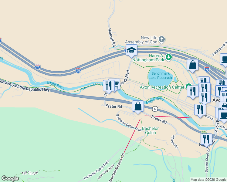 map of restaurants, bars, coffee shops, grocery stores, and more near 1050 West Beaver Creek Boulevard in Avon