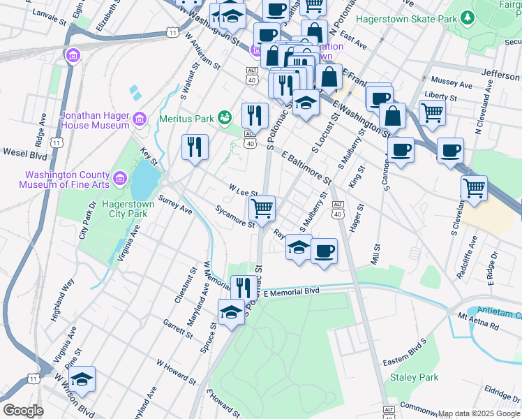 map of restaurants, bars, coffee shops, grocery stores, and more near 321 South Potomac Street in Hagerstown