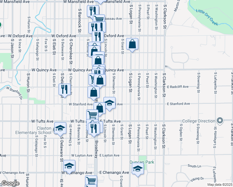 map of restaurants, bars, coffee shops, grocery stores, and more near 4434 S Sherman St in Englewood