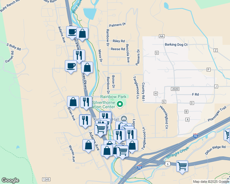 map of restaurants, bars, coffee shops, grocery stores, and more near 400 Cascade Circle in Silverthorne