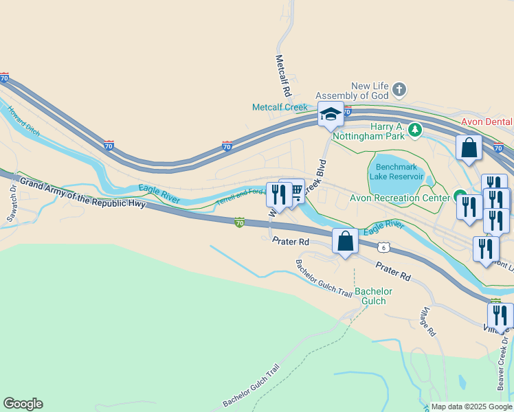 map of restaurants, bars, coffee shops, grocery stores, and more near 1061 West Beaver Creek Boulevard in Avon