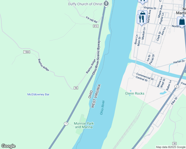 map of restaurants, bars, coffee shops, grocery stores, and more near 38152 Ohio River Scenic Byway in Sardis
