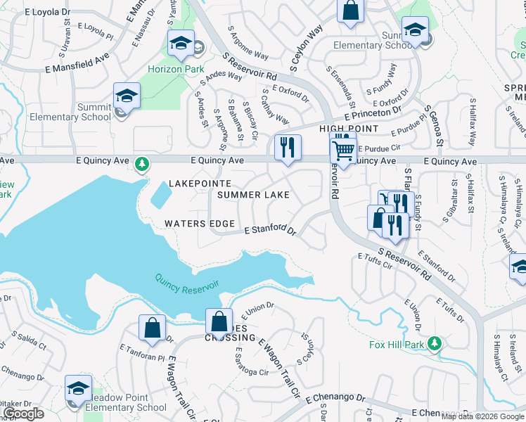 map of restaurants, bars, coffee shops, grocery stores, and more near 4437 South Cathay Way in Aurora