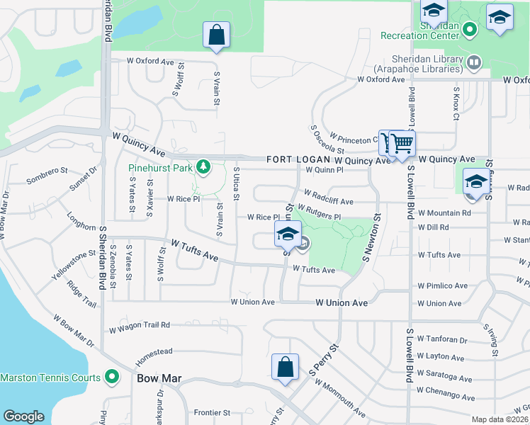 map of restaurants, bars, coffee shops, grocery stores, and more near 4301 West Rice Place in Denver