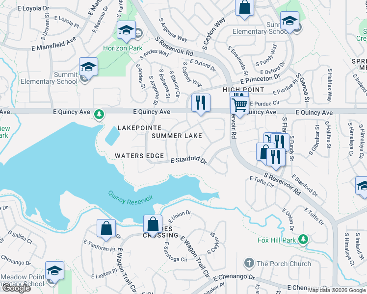 map of restaurants, bars, coffee shops, grocery stores, and more near 4437 South Cathay Way in Aurora