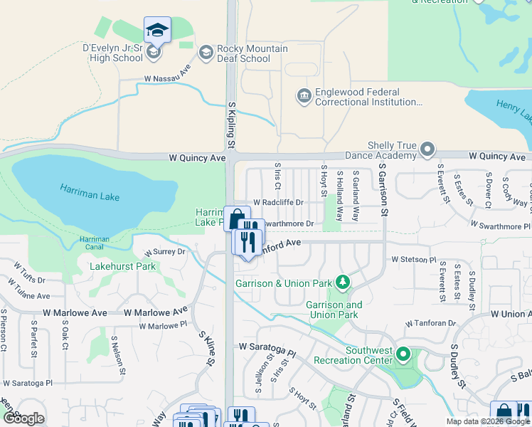 map of restaurants, bars, coffee shops, grocery stores, and more near 4453 South Jellison Way in Littleton