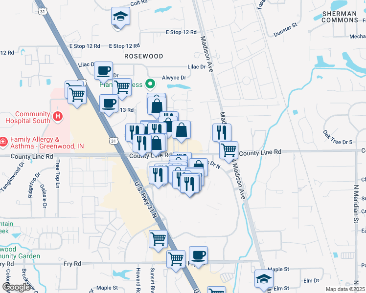 map of restaurants, bars, coffee shops, grocery stores, and more near 2334 East County Line Road in Indianapolis