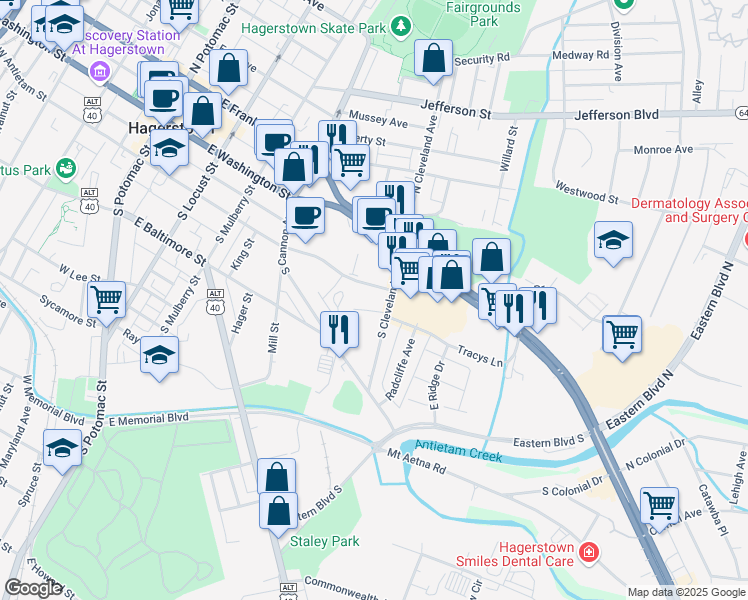 map of restaurants, bars, coffee shops, grocery stores, and more near 201 South Cleveland Avenue in Hagerstown
