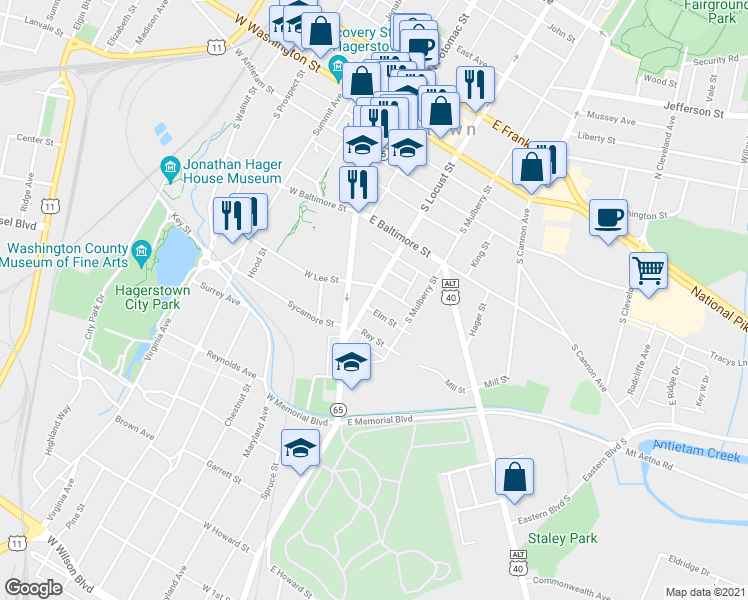 map of restaurants, bars, coffee shops, grocery stores, and more near 316 South Locust Street in Hagerstown