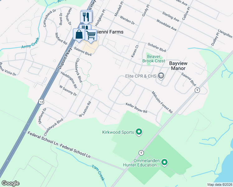 map of restaurants, bars, coffee shops, grocery stores, and more near 318 Elizabeth Sweetbriar Lane in New Castle
