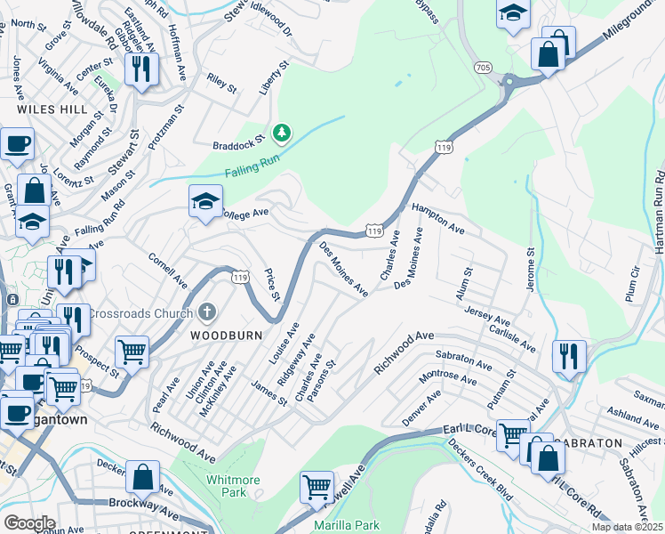 map of restaurants, bars, coffee shops, grocery stores, and more near 1153 Louise Avenue in Morgantown