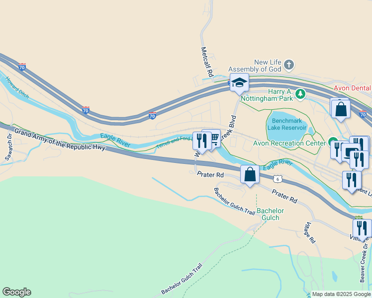 map of restaurants, bars, coffee shops, grocery stores, and more near 1061 West Beaver Creek Boulevard in Avon