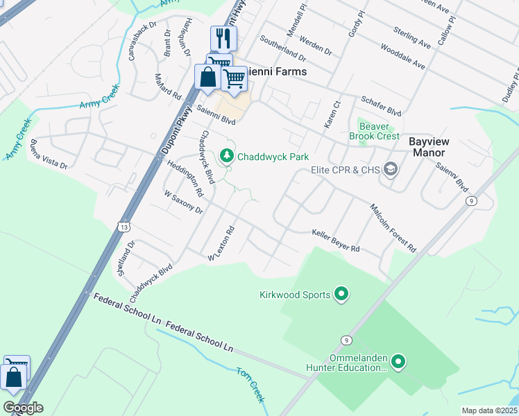 map of restaurants, bars, coffee shops, grocery stores, and more near 18 East Lexton Road in New Castle