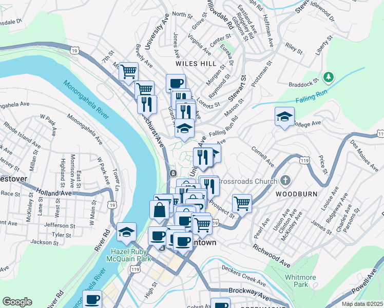 map of restaurants, bars, coffee shops, grocery stores, and more near 1519 University Ave in Morgantown