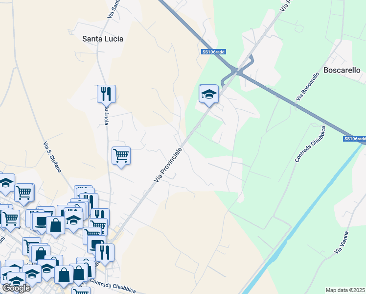 map of restaurants, bars, coffee shops, grocery stores, and more near 123 Via Provinciale in Corigliano Scalo
