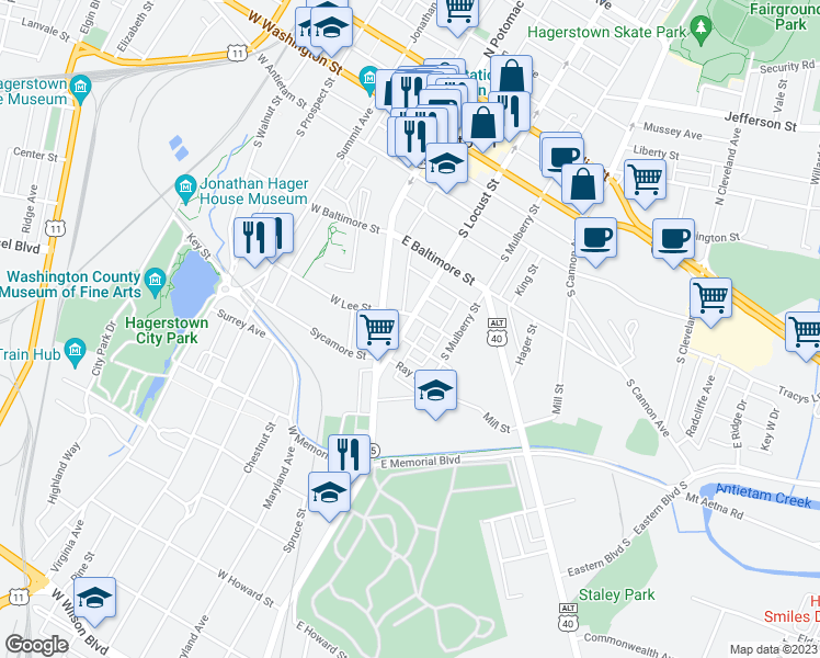 map of restaurants, bars, coffee shops, grocery stores, and more near 314 South Locust Street in Hagerstown