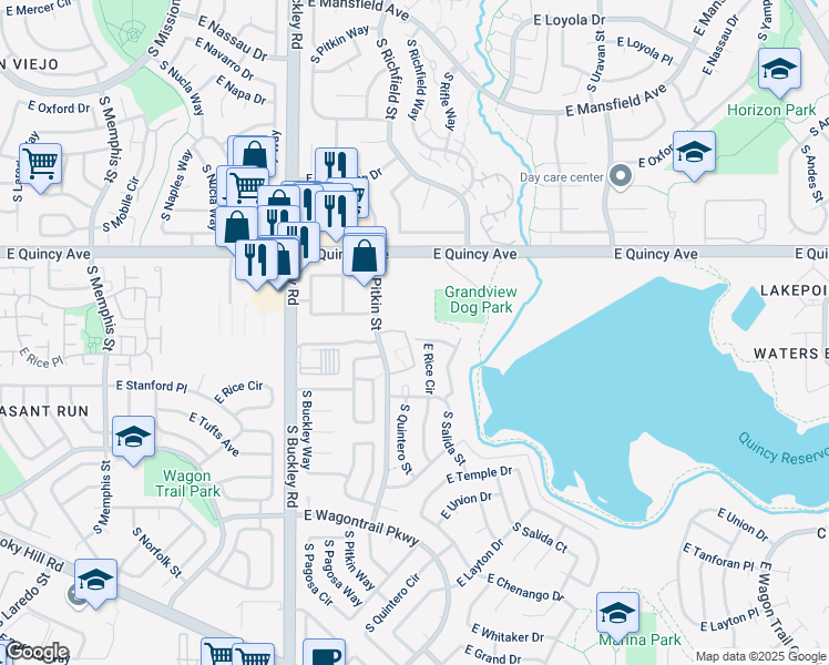 map of restaurants, bars, coffee shops, grocery stores, and more near 17375 East Rice Circle in Aurora