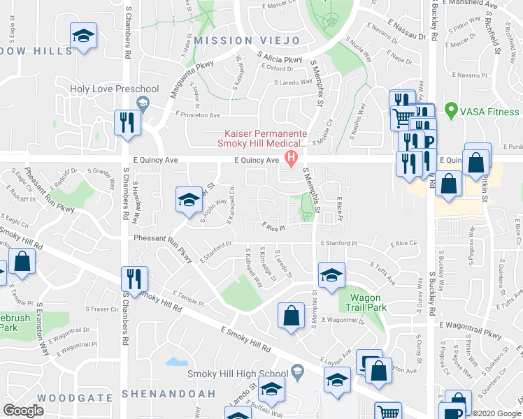 map of restaurants, bars, coffee shops, grocery stores, and more near 15902 East Rice Place in Aurora