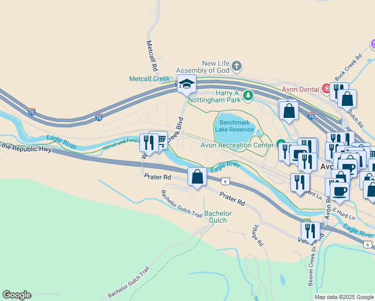 map of restaurants, bars, coffee shops, grocery stores, and more near 998 West Beaver Creek Boulevard in Avon