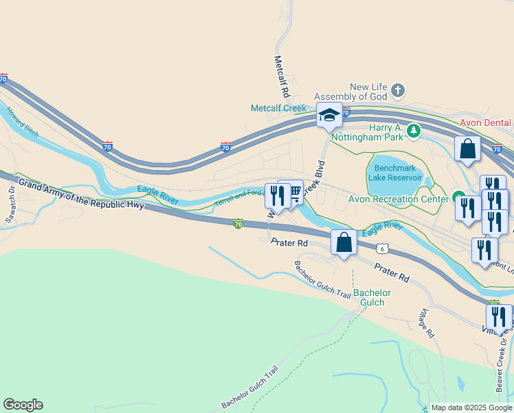 map of restaurants, bars, coffee shops, grocery stores, and more near 1061 West Beaver Creek Boulevard in Avon