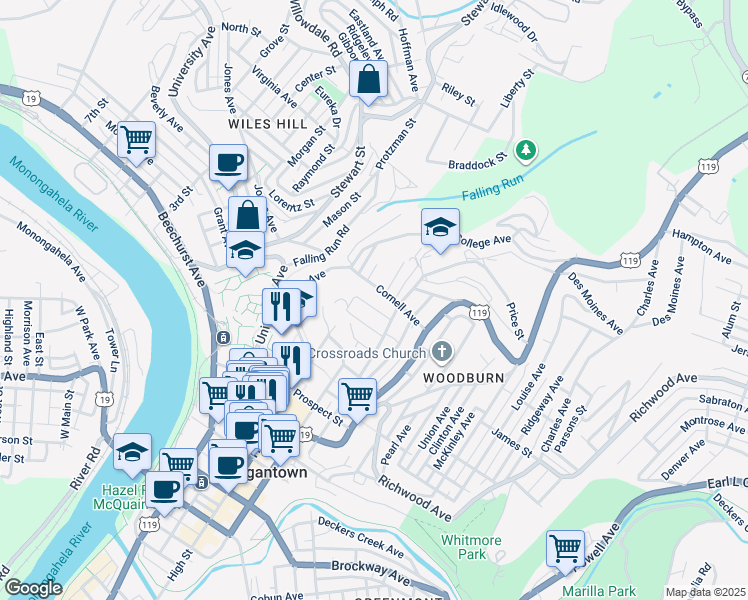map of restaurants, bars, coffee shops, grocery stores, and more near 221 Waverly Street in Morgantown