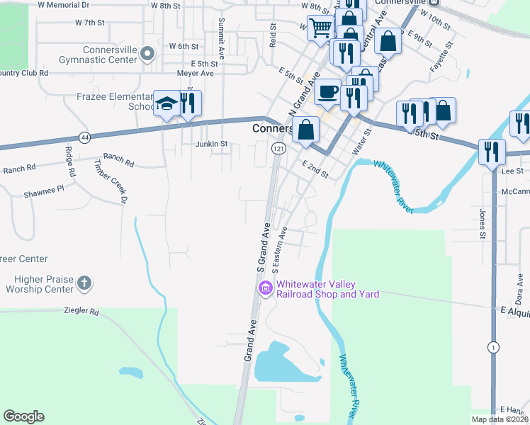 map of restaurants, bars, coffee shops, grocery stores, and more near 217 South Grand Avenue in Connersville